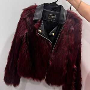 GUESS Women's Deep Red Faux Fur Jacket